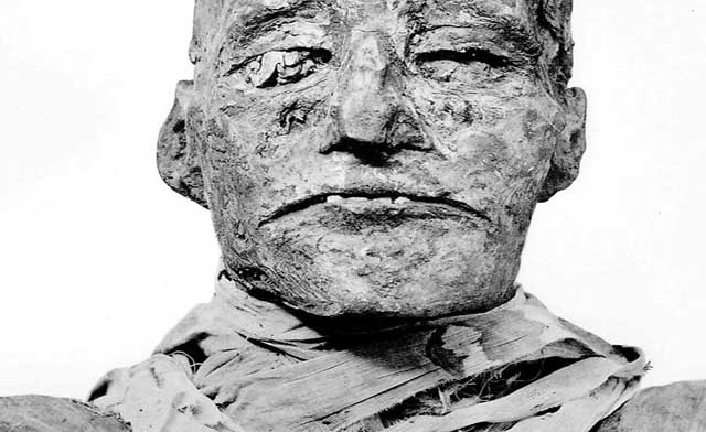 The mummified remains of Pharaoh Ramses III. The wrappings about his neck conceal a knife wound. Photo -couriermail